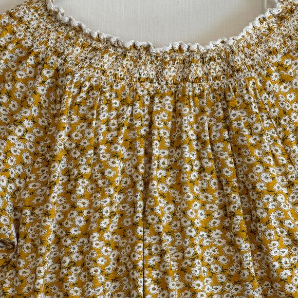 LUCKY BRAND Short Sleeve Tie Front Peasant Top Women's Sz S Yellow Ditsy Floral - Picture 9 of 15